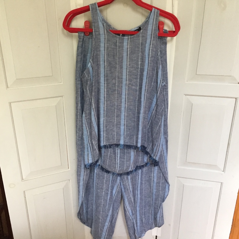 DREW 2 Piece Blue Linen Blend Striped Sleeveless Blouse & Pants
